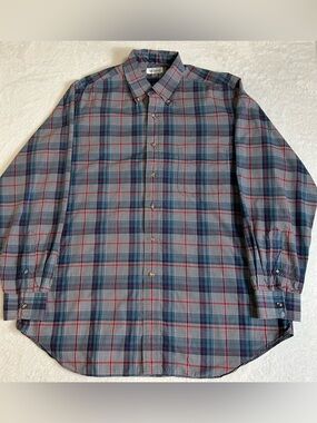 Paul Frederick Men's Dress Shirt Size Large Blue Plaid Button Up 100% Cotton